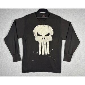 Marvel Mad Engine Punisher Thermal Long Sleeve Shirt Black Waffle Knit Skull L